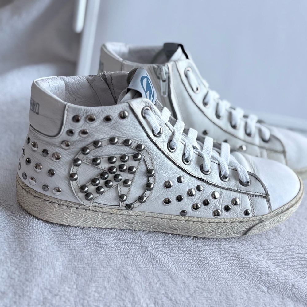 Momino Made in Italy High-Top White Studded Leather Women's Sneakers Size 38 IT - Picture 10 of 11